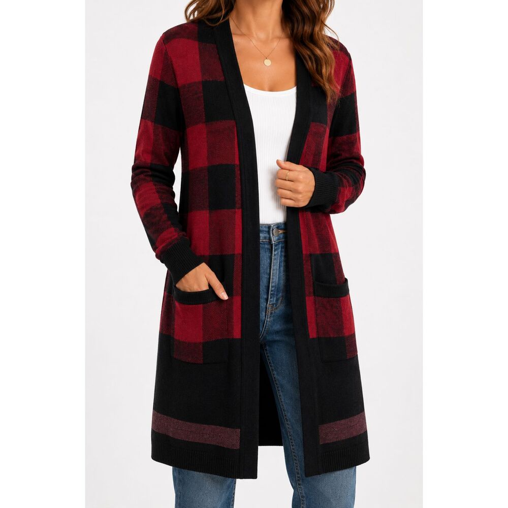 Joseph A Womens L Red Black Buffalo Plaid Long Cardigan Duster Rayon Grunge